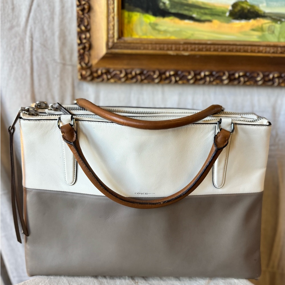 Coach White and Tan Satchel with Structured Design